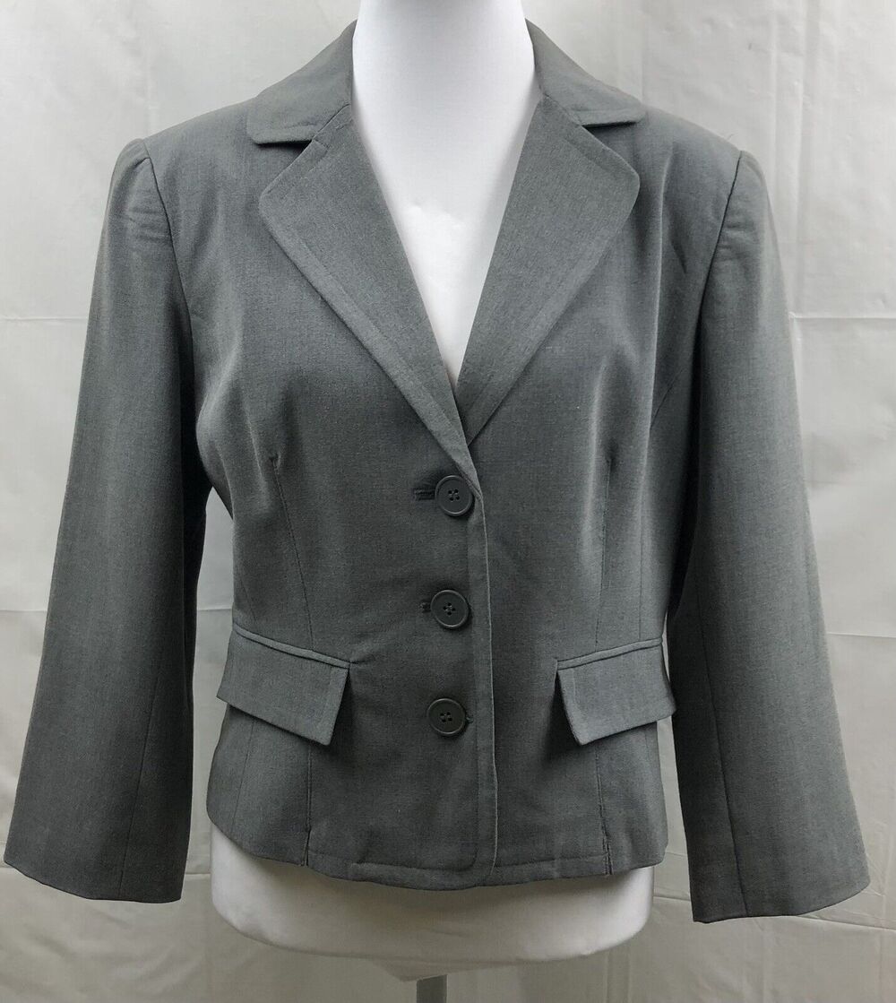 Shape FX Blazer Women 10 Gray Stretch Three Button Suit Jacket Career Business